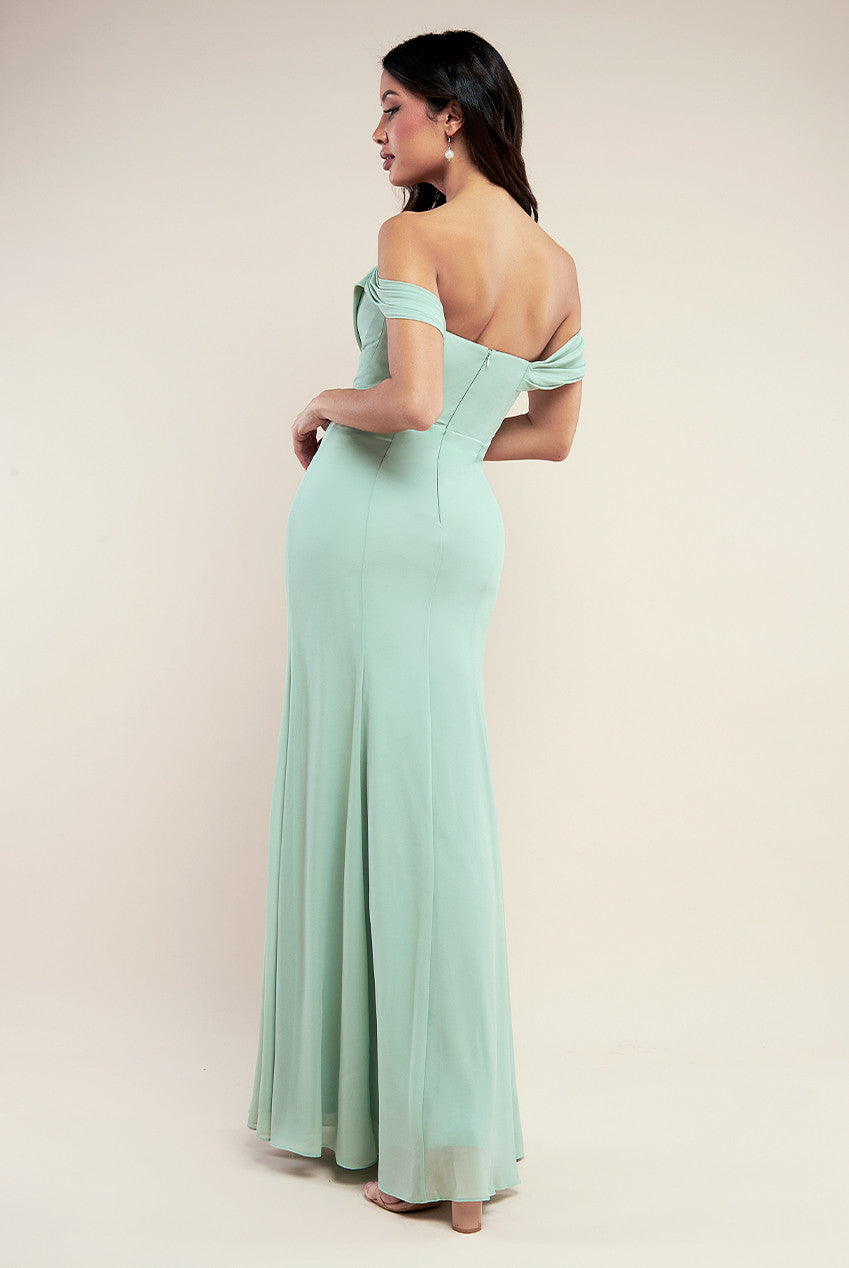 Chiffon Bardot Cowl Neck Maxi Dress