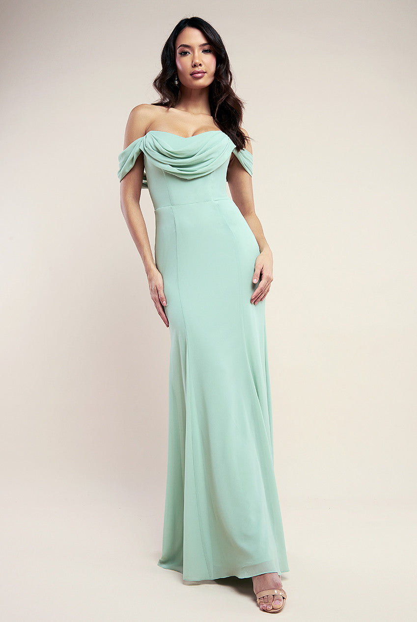 Chiffon Bardot Cowl Neck Maxi Dress