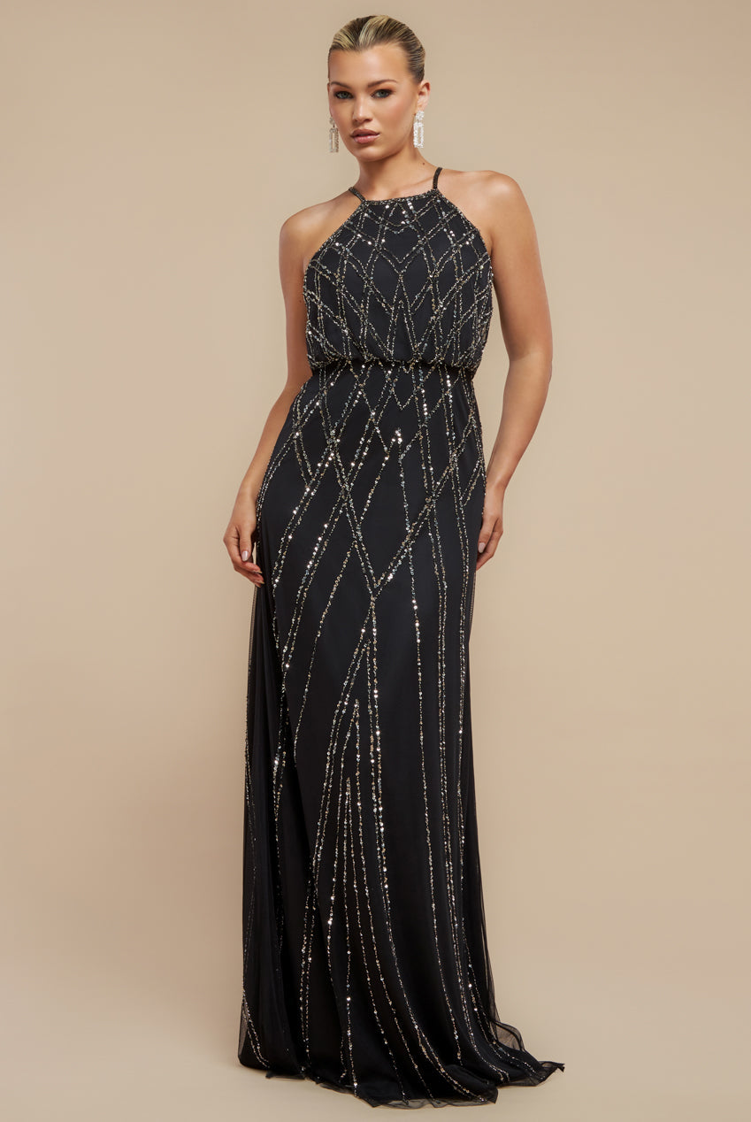 Racer Neck Sleeveless Hand Embellished Sequin Maxi Dress