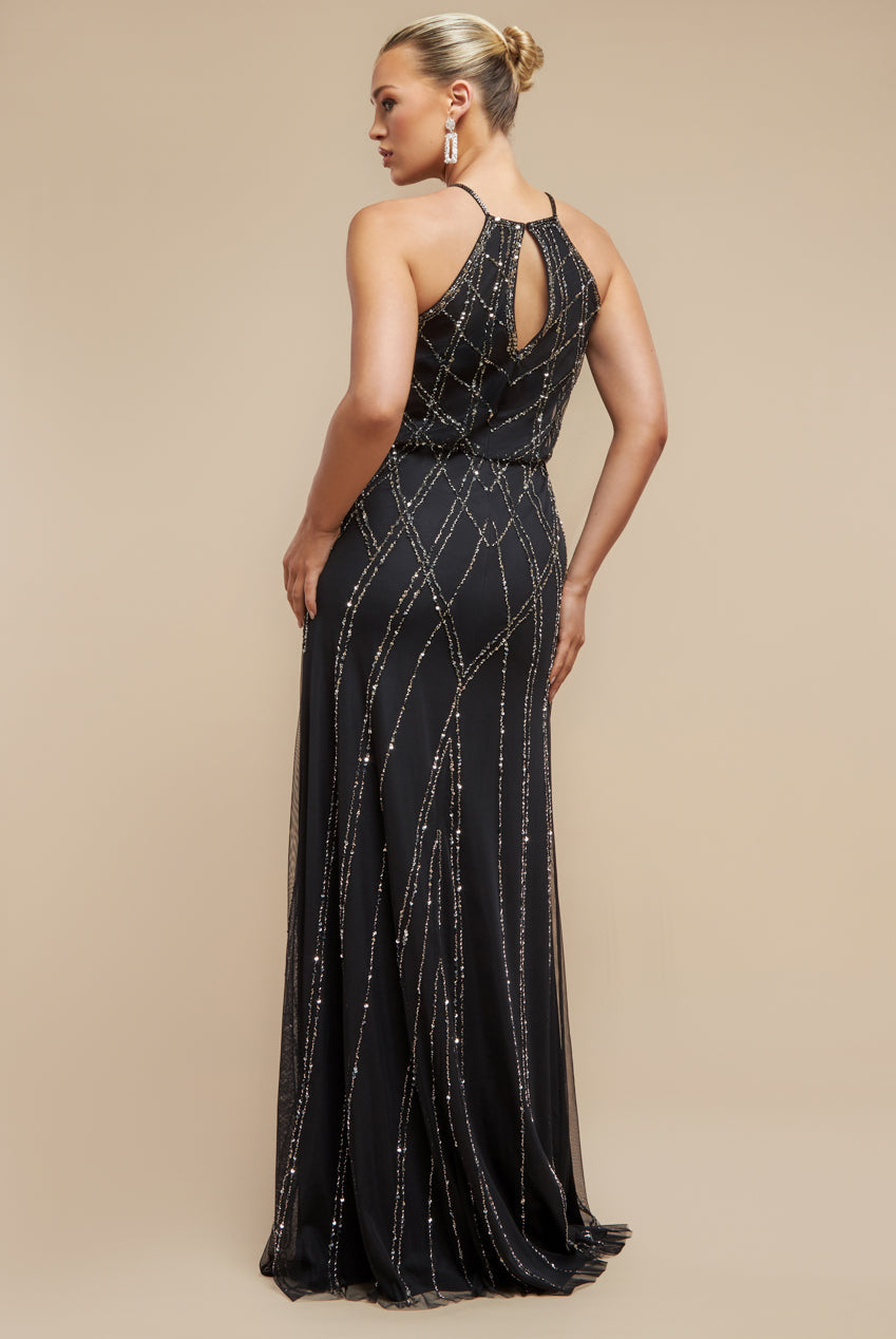 Racer Neck Sleeveless Hand Embellished Sequin Maxi Dress