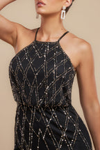Racer Neck Sleeveless Hand Embellished Sequin Maxi Dress