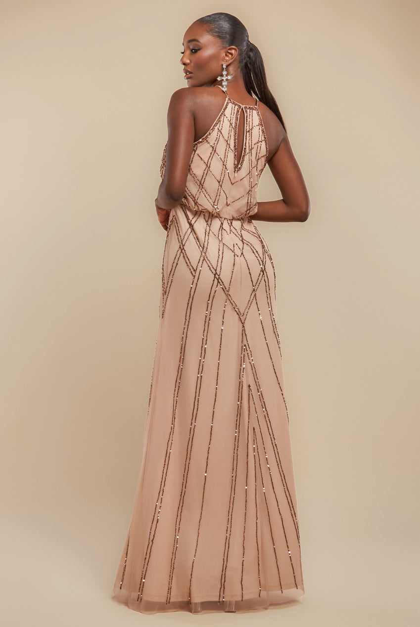 Racer Neck Sleeveless Hand Embellished Sequin Maxi Dress