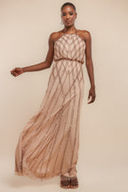 Racer Neck Sleeveless Hand Embellished Sequin Maxi Dress