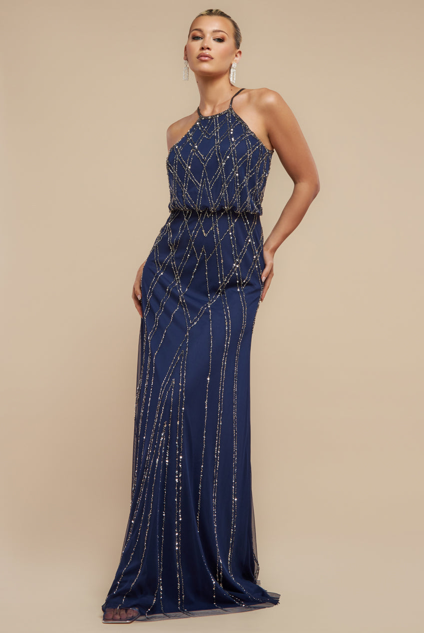 Racer Neck Sleeveless Hand Embellished Sequin Maxi Dress