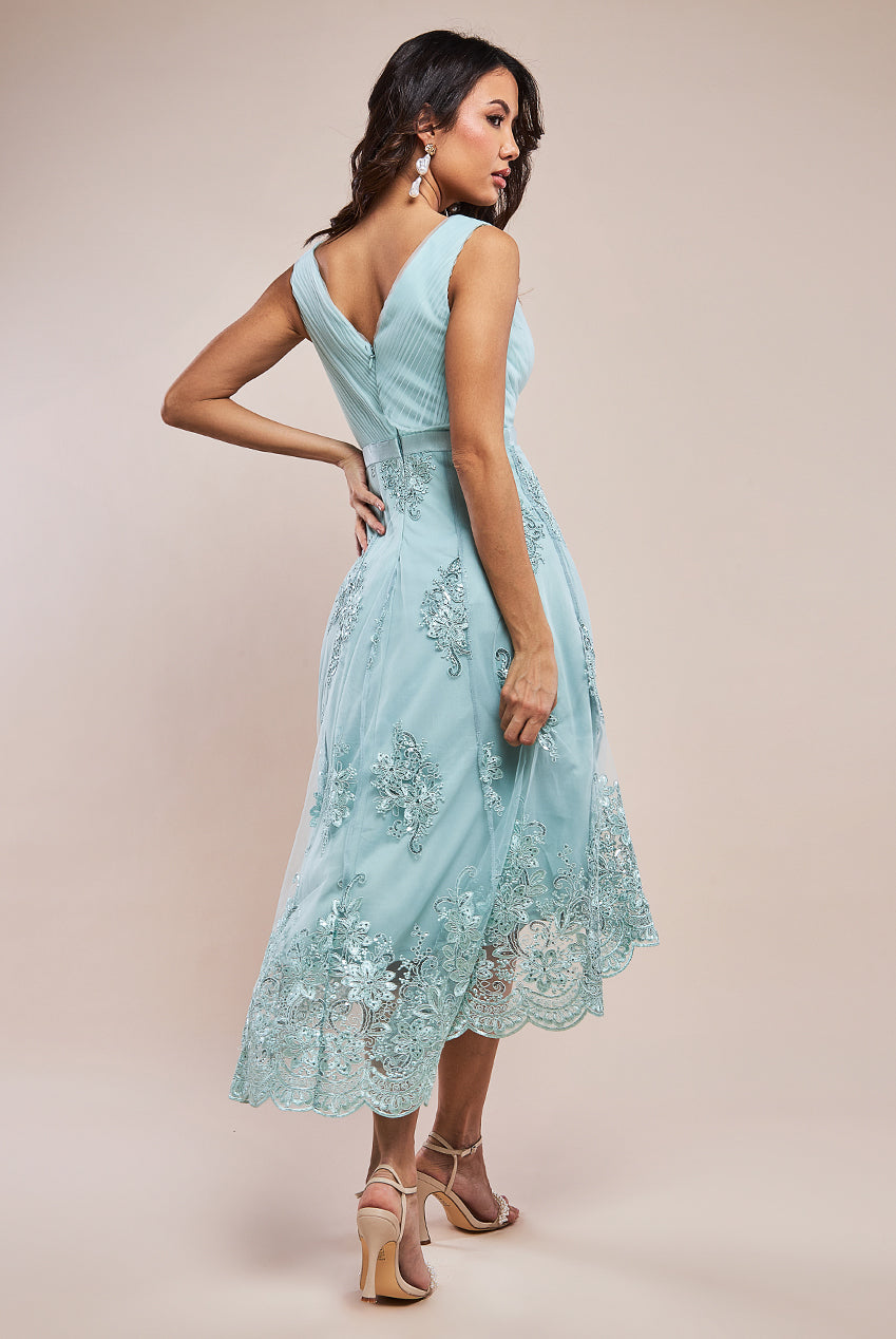 Pleated Satin Bodice High And Low Dress