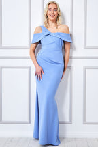 Scuba Crepe One Shoulder Knotted Bardot Maxi Dress