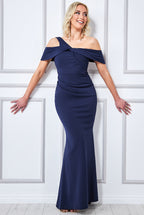 Scuba Crepe One Shoulder Knotted Bardot Maxi Dress