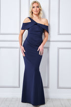 Scuba Crepe One Shoulder Knotted Bardot Maxi Dress