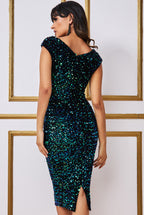 Jewel Tone Sequin Velvet Bardot Midi Dress
