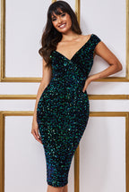 Jewel Tone Sequin Velvet Bardot Midi Dress