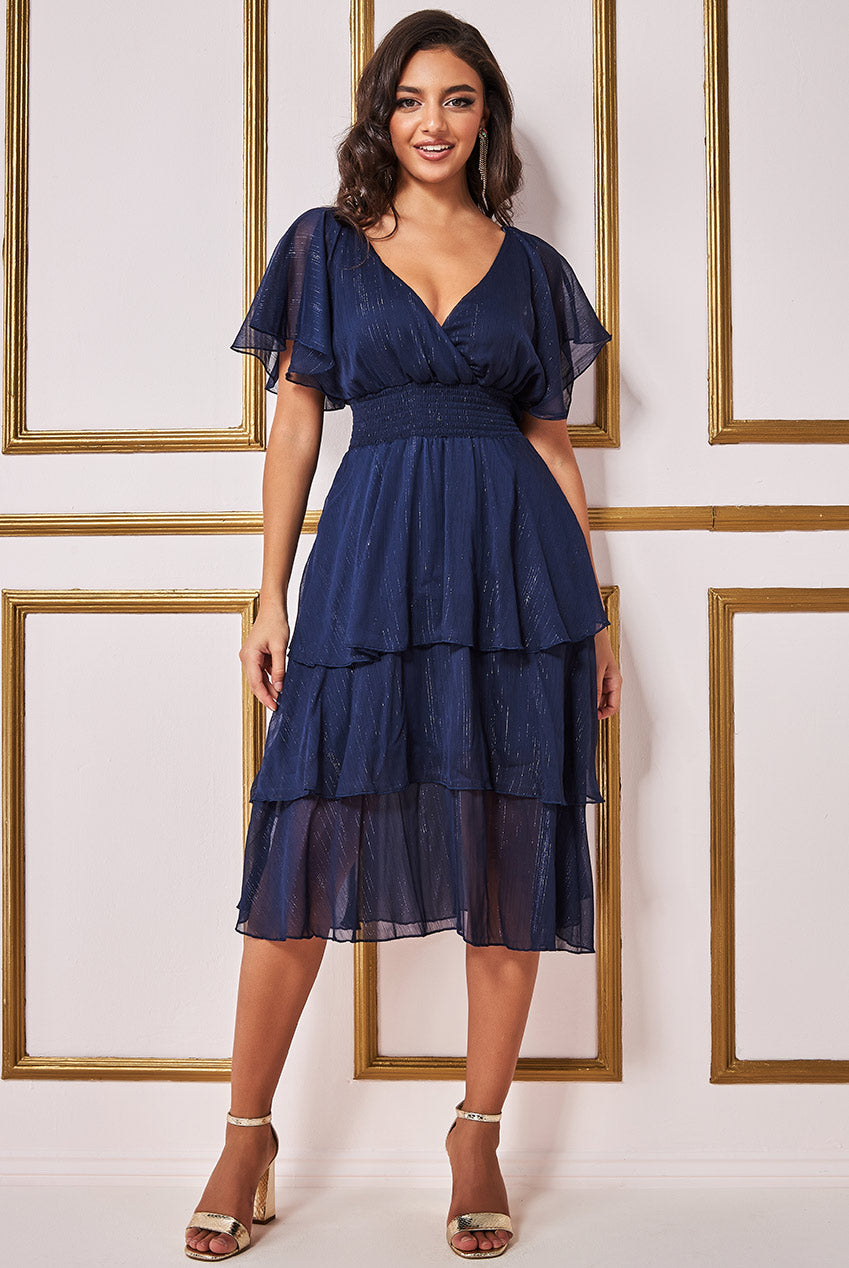 Plain Lurex Chiffon Tiered Midi Dress