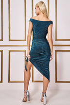 Lurex Off The Shoulder Ruched Midi Dress