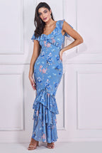 Floral Printed Chiffon Ruffle Maxi Dress