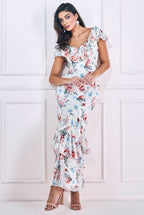 Floral Printed Chiffon Ruffle Maxi Dress