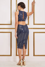 Patterned Sequin Cut Out Midi Dress