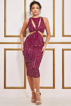 Patterned Sequin Cut Out Midi Dress