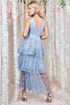 Embroidered Mesh Tiered Midi Dress