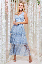 Embroidered Mesh Tiered Midi Dress