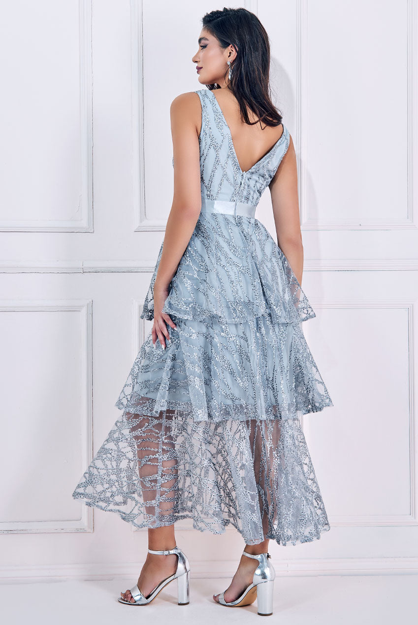 Embroidered Mesh Tiered Midi Dress