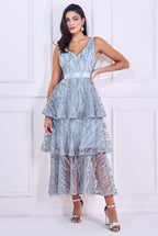 Embroidered Mesh Tiered Midi Dress