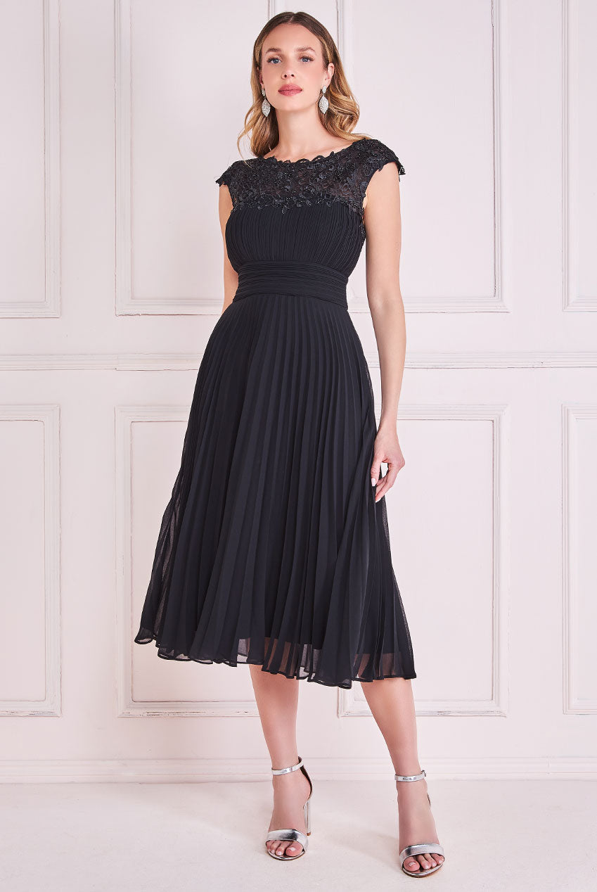 Embellished Crochet Laced Yoke Pleated Midi Dress