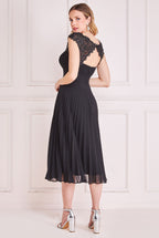 Embellished Crochet Laced Yoke Pleated Midi Dress