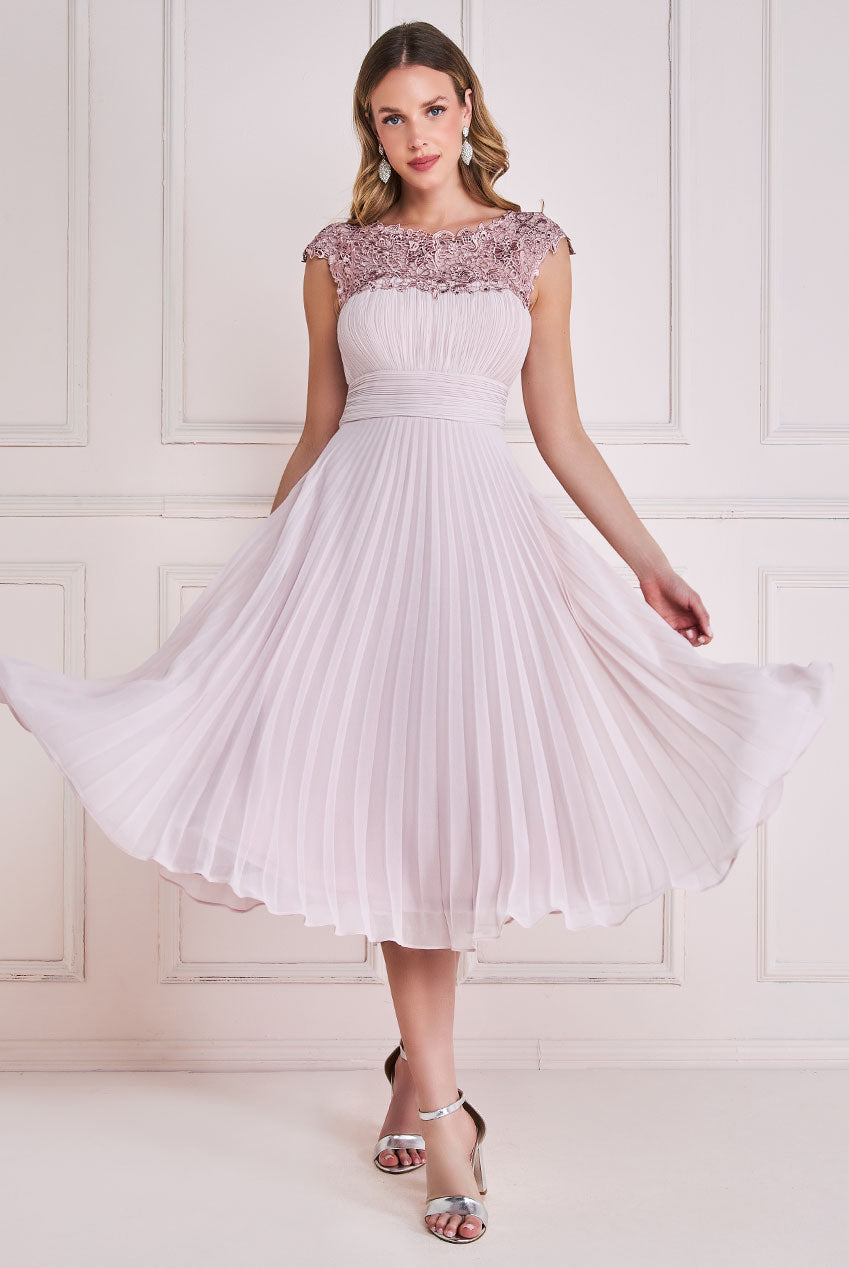 Embellished Crochet Laced Yoke Pleated Midi Dress