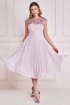 Embellished Crochet Laced Yoke Pleated Midi Dress