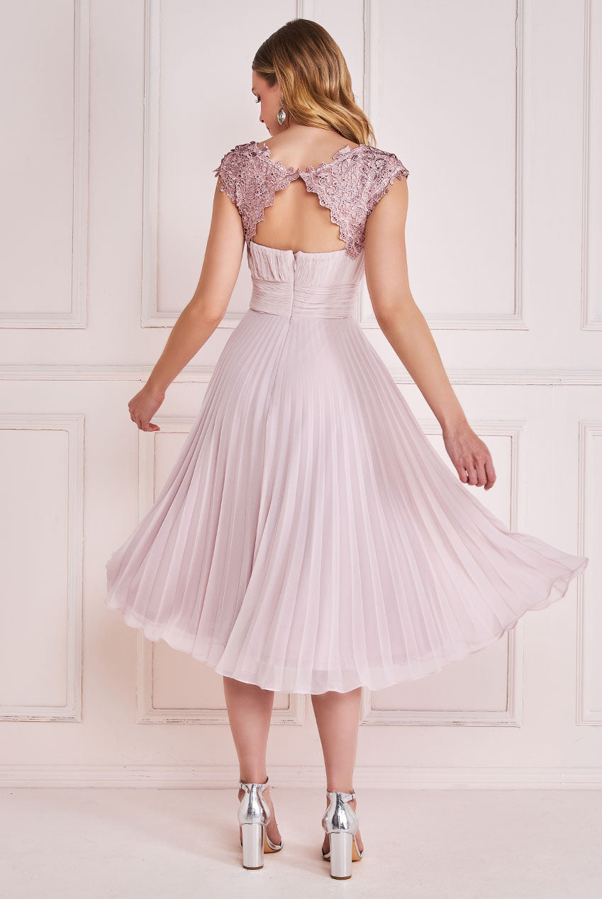 Embellished Crochet Laced Yoke Pleated Midi Dress