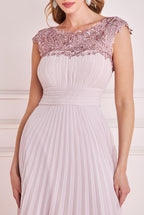 Embellished Crochet Laced Yoke Pleated Midi Dress