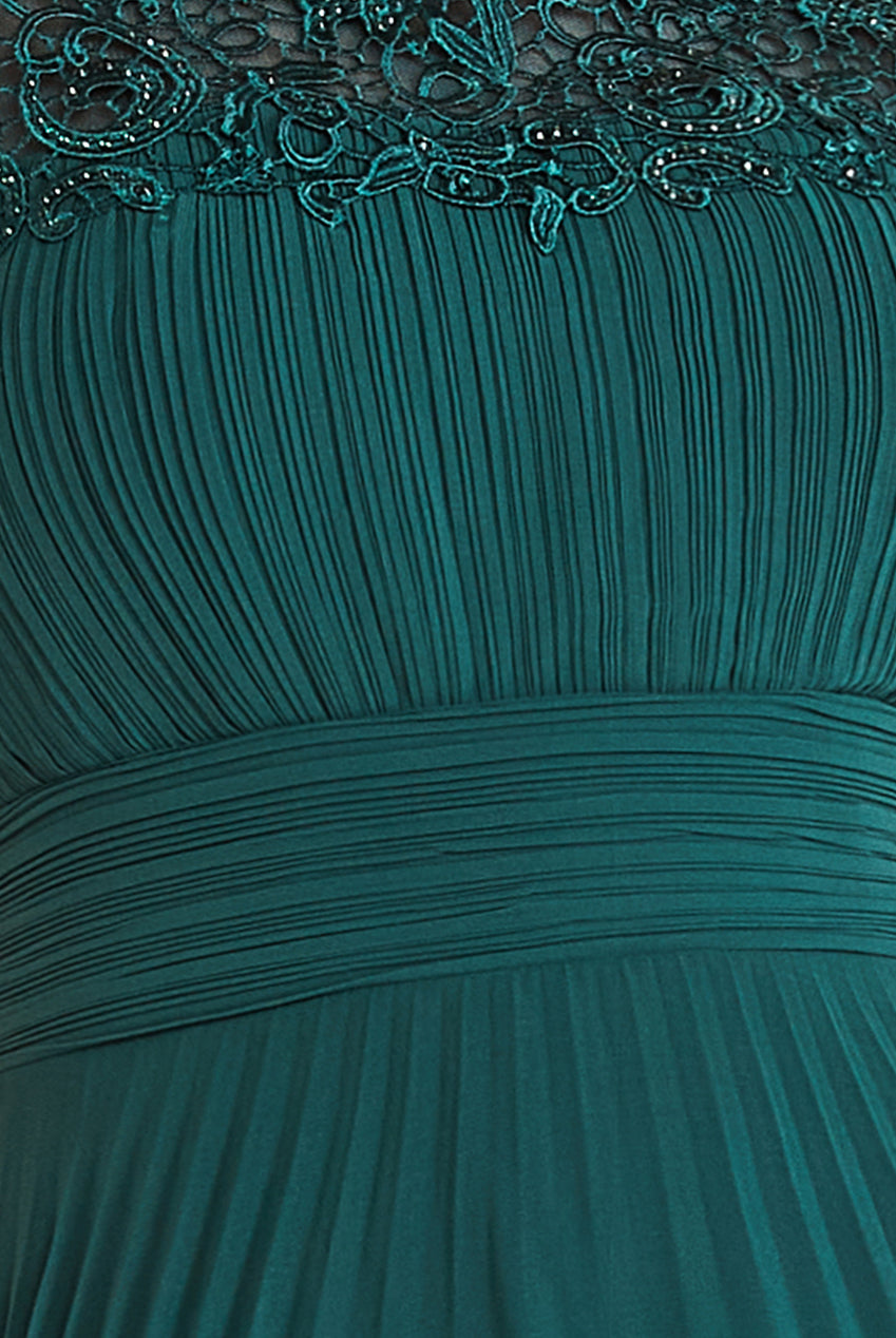 Embellished Crochet Laced Yoke Pleated Midi Dress