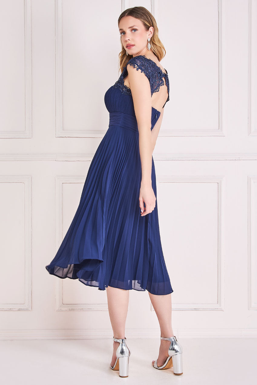 Embellished Crochet Laced Yoke Pleated Midi Dress