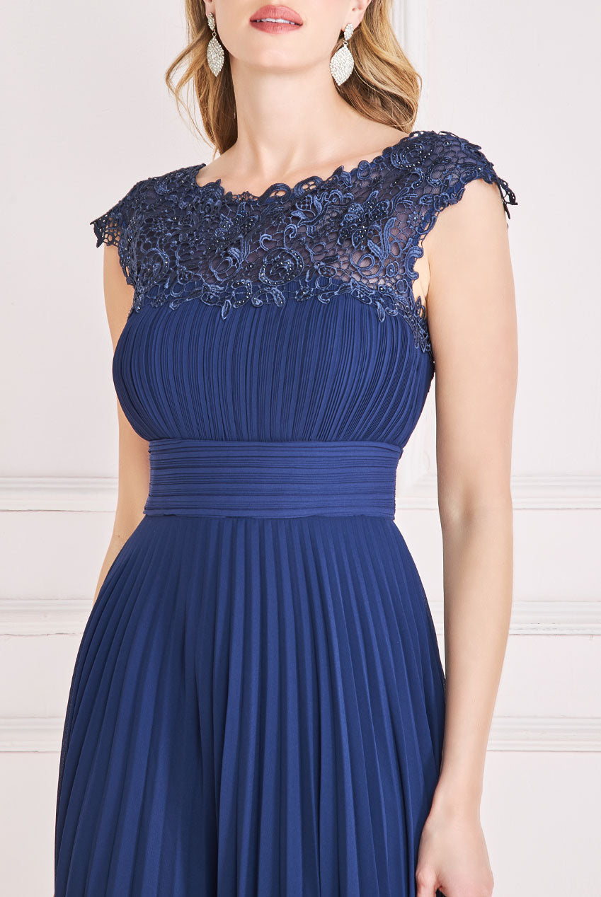 Embellished Crochet Laced Yoke Pleated Midi Dress