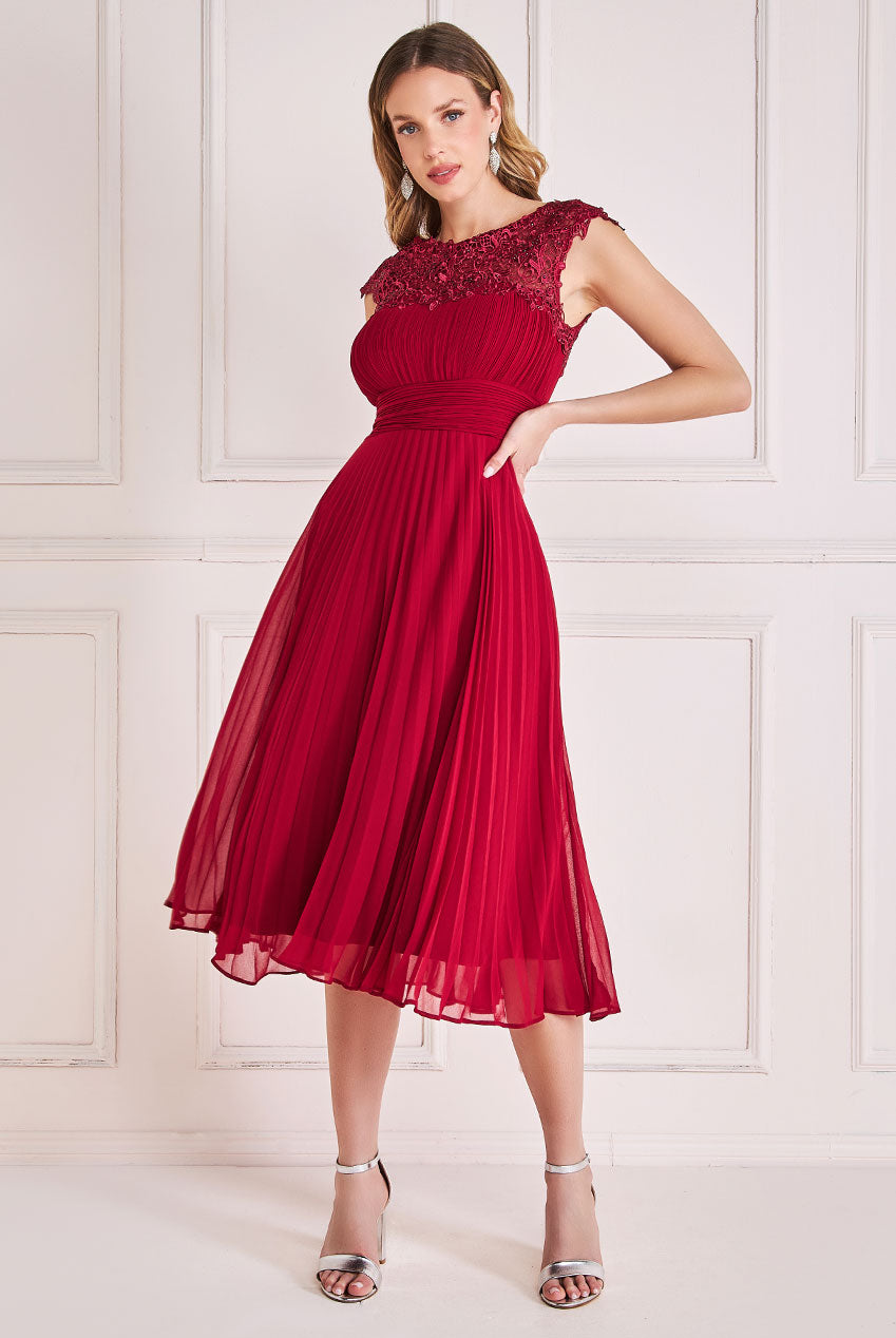 Embellished Crochet Laced Yoke Pleated Midi Dress