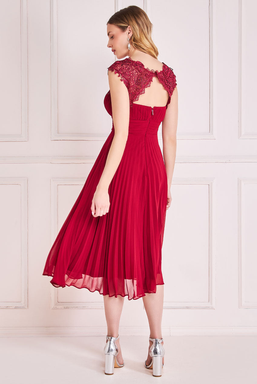 Embellished Crochet Laced Yoke Pleated Midi Dress