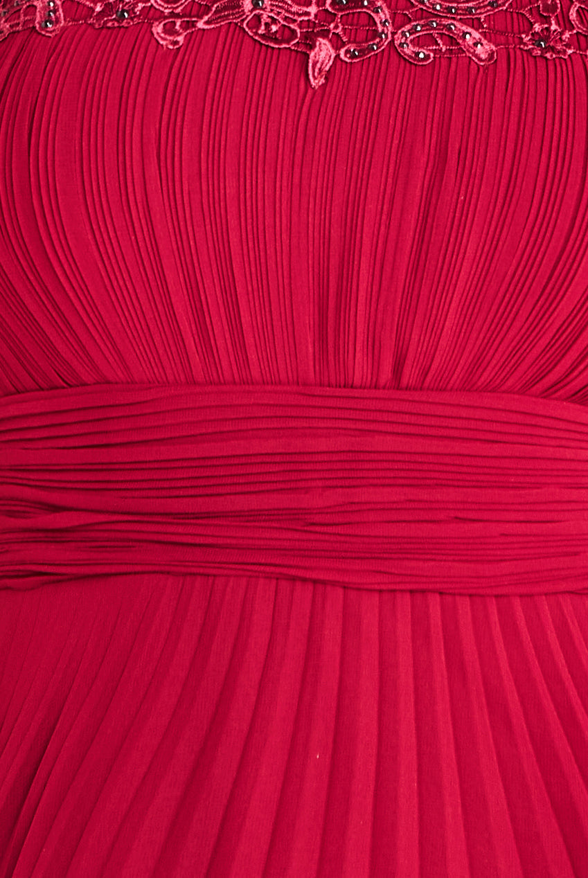 Embellished Crochet Laced Yoke Pleated Midi Dress