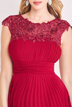 Embellished Crochet Laced Yoke Pleated Midi Dress