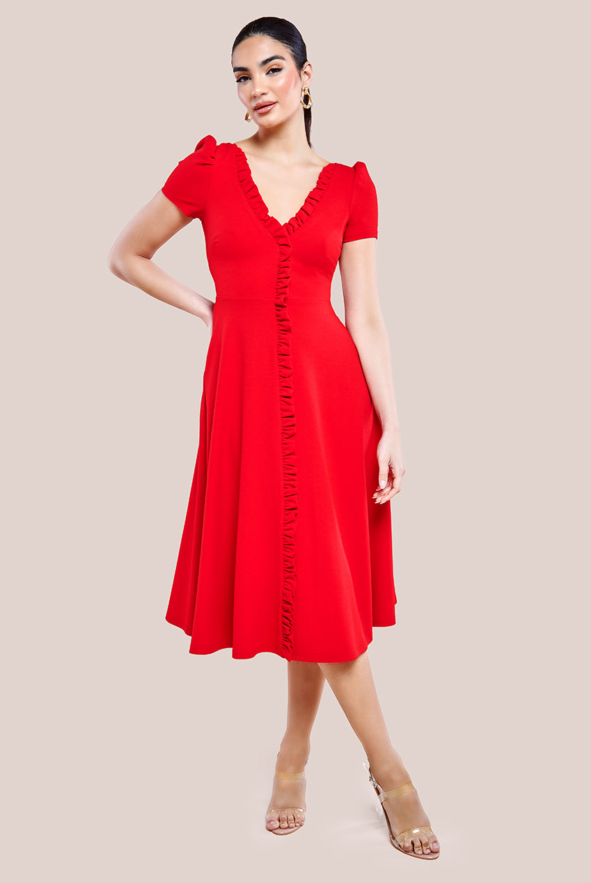 Front Frill Flared Scuba Midi Dress