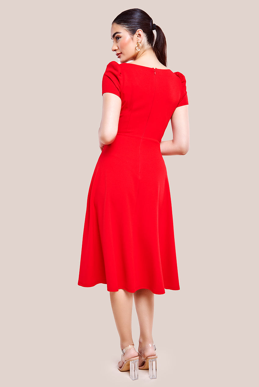 Front Frill Flared Scuba Midi Dress