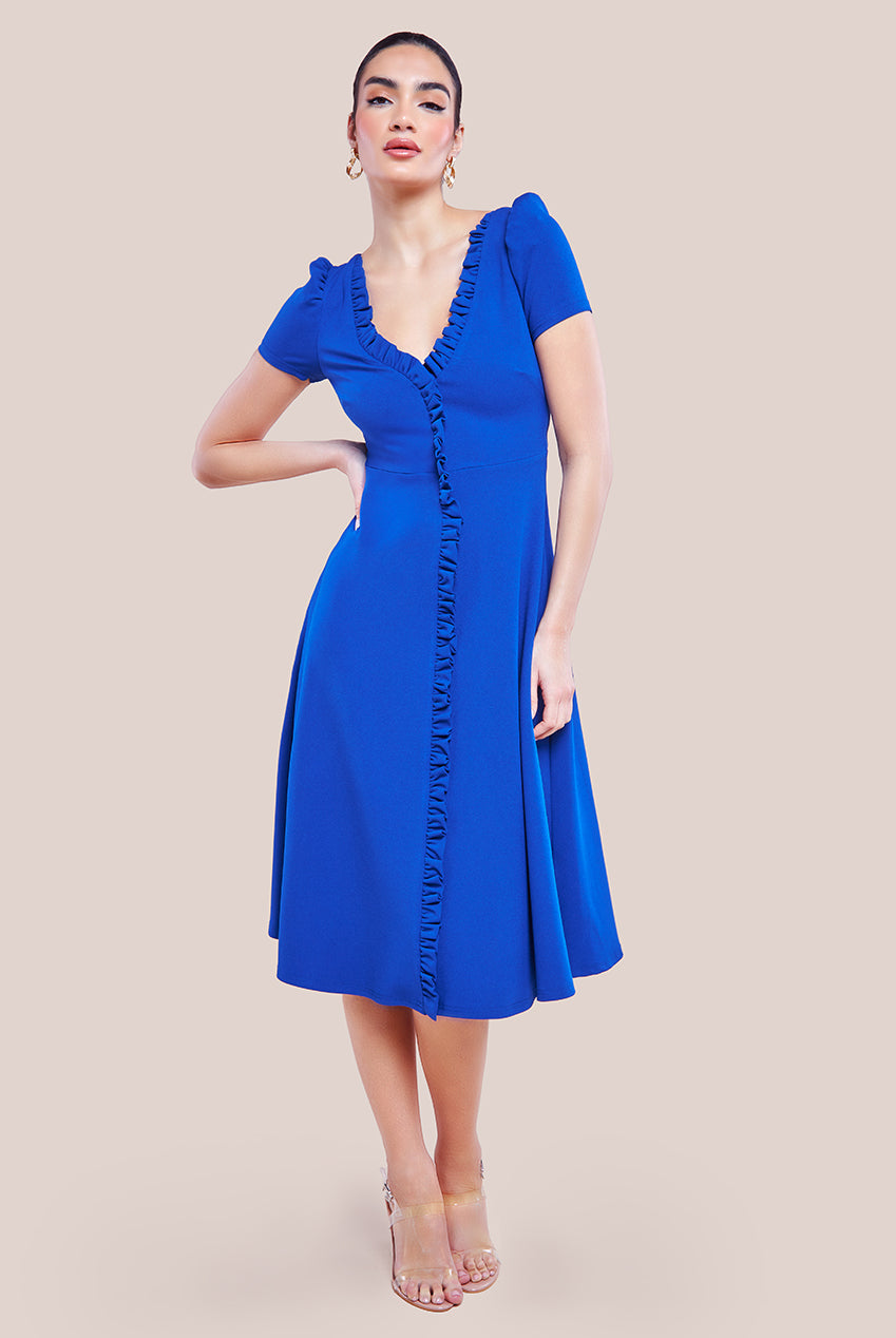 Front Frill Flared Scuba Midi Dress