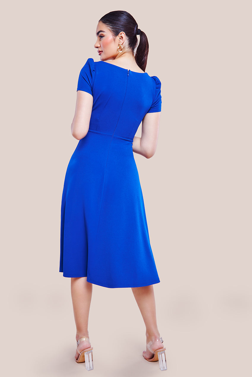 Front Frill Flared Scuba Midi Dress