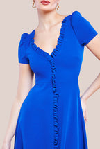 Front Frill Flared Scuba Midi Dress