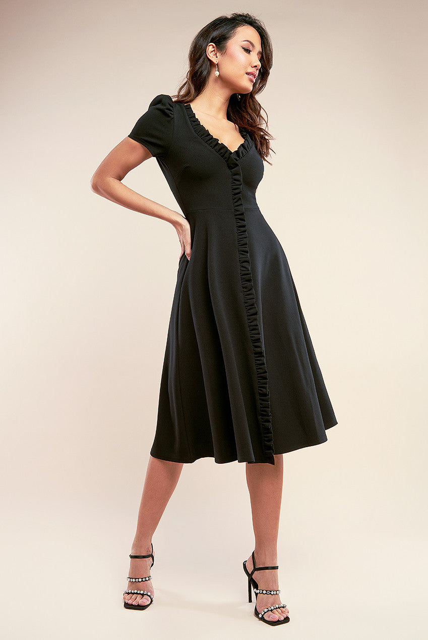 Front Frill Flared Scuba Midi Dress