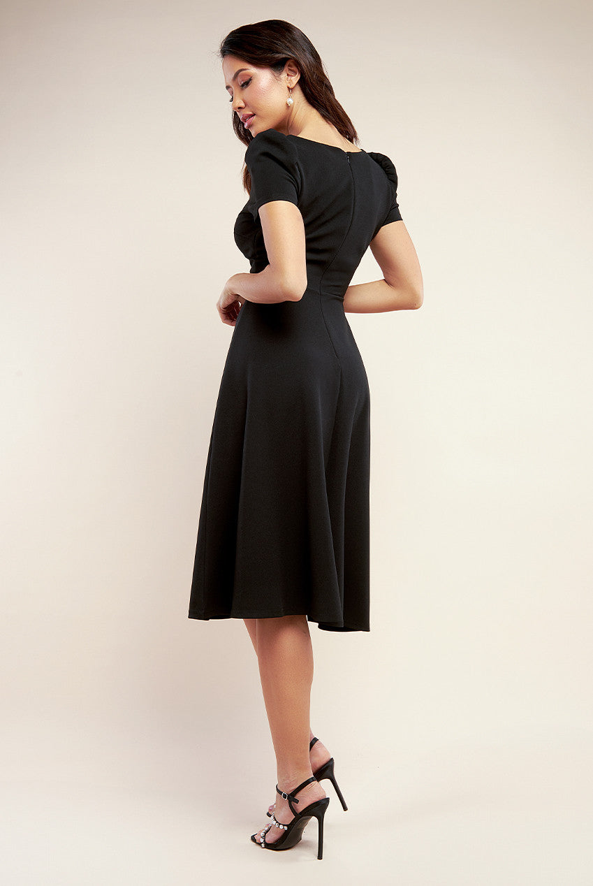 Front Frill Flared Scuba Midi Dress