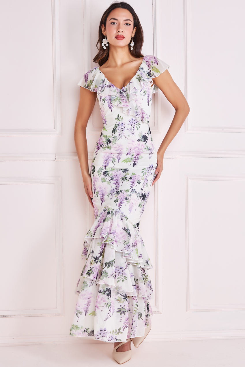 Printed Ruffle Neck & Hem Dress