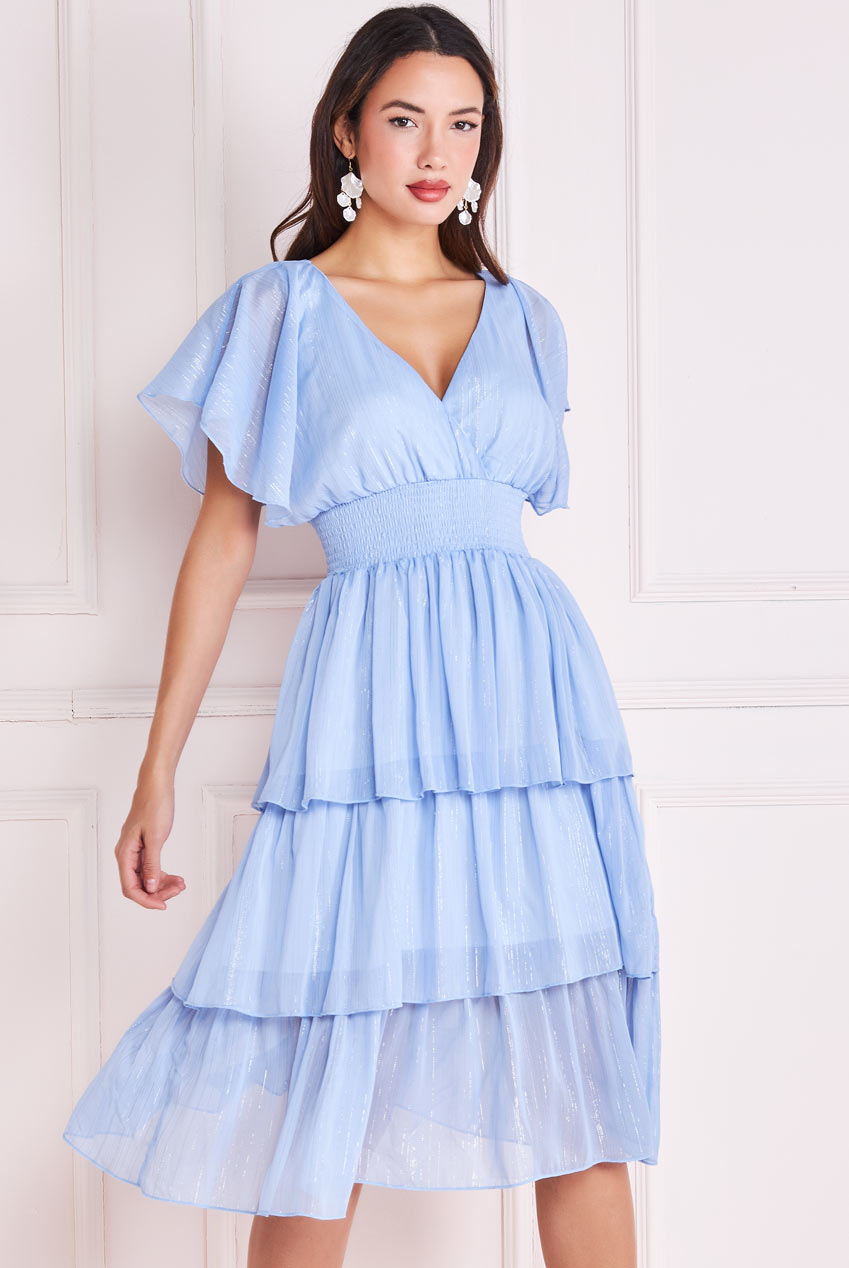 Plain Lurex Chiffon Tiered Midi Dress