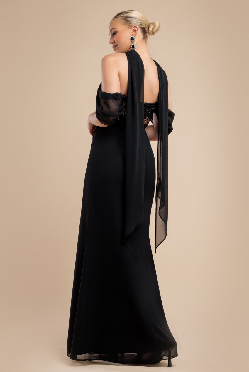 Scalloped Lace & Chiffon Winged Corset Bodice Maxi Dress