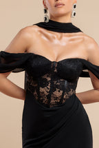 Scalloped Lace & Chiffon Winged Corset Bodice Maxi Dress