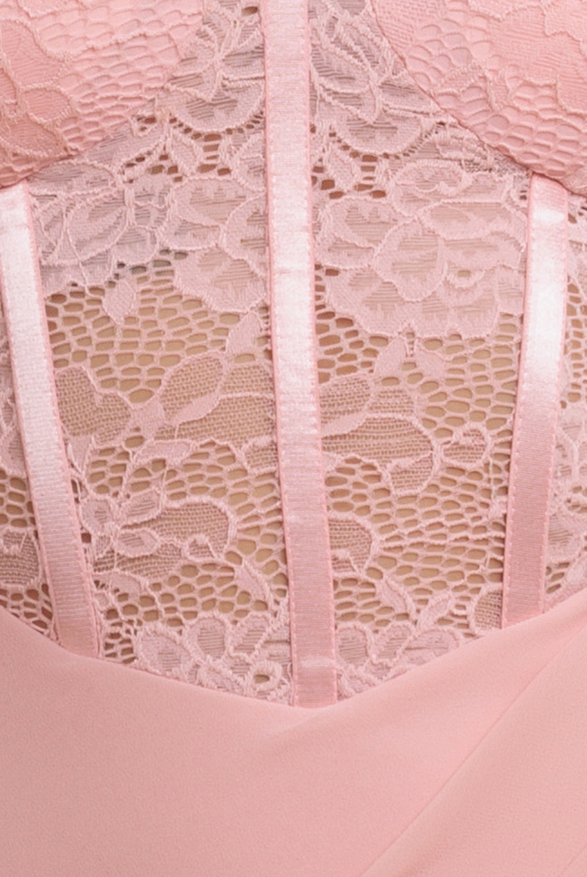 Scalloped Lace & Chiffon Winged Corset Bodice Maxi Dress