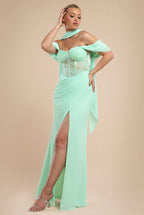 Scalloped Lace & Chiffon Winged Corset Bodice Maxi Dress